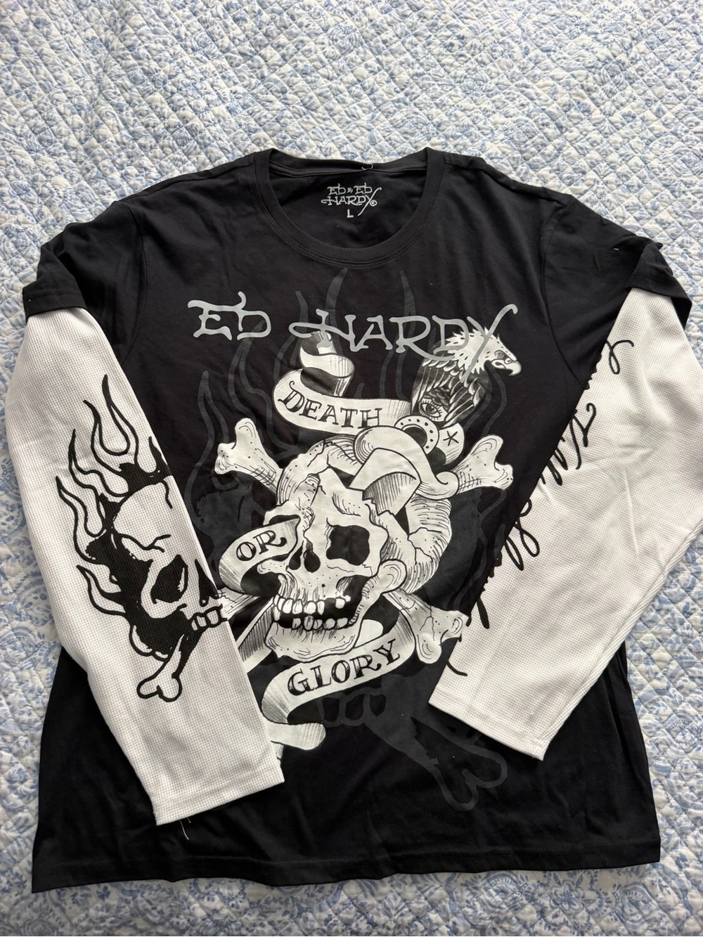 Ed Hardy Black & White 'Death or Glory' Skull Graphic Long Sleeve Tee